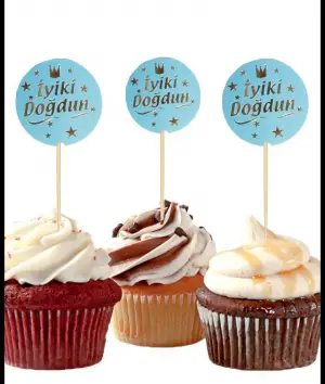 Yaldızlı  İyiki Doğdun Cupcake Kürdan 20'li (Mavi-Gold)