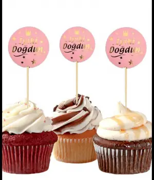 Yaldızlı  İyiki Doğdun Cupcake Kürdan 10'lu (Pembe-Gold)