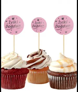 Yaldızlı  İyiki Doğdun Cupcake Kürdan 10'lu (Pembe-Gümüş)